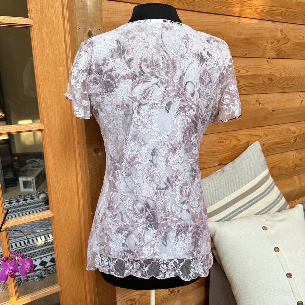 Lace Overlay Short Sleeve Top in Light Lavender - Picture 7 of 15